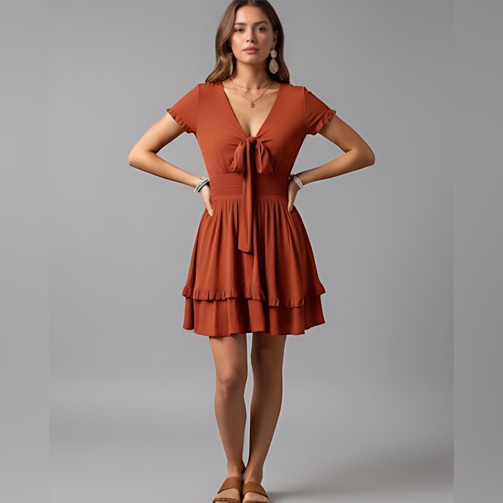 Boho Rust Tie Front Ruffle Hem Dress